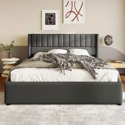 Blackcolors Lit Double 160x200cm Hydraulique Rangement Lin Gris