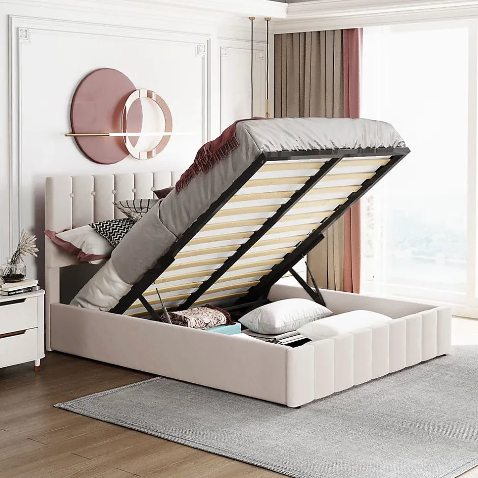 Blackcolors Lit Double 140x200cm Hydraulique LED Velours Blanc Crème Outlet
