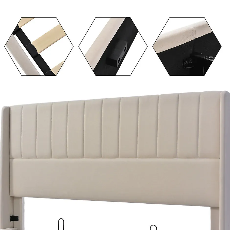 Gutent Lit double 160x200cm, lit rembourré hydraulique, lit de rangement avec sommier à lattes en bois, lin , beige