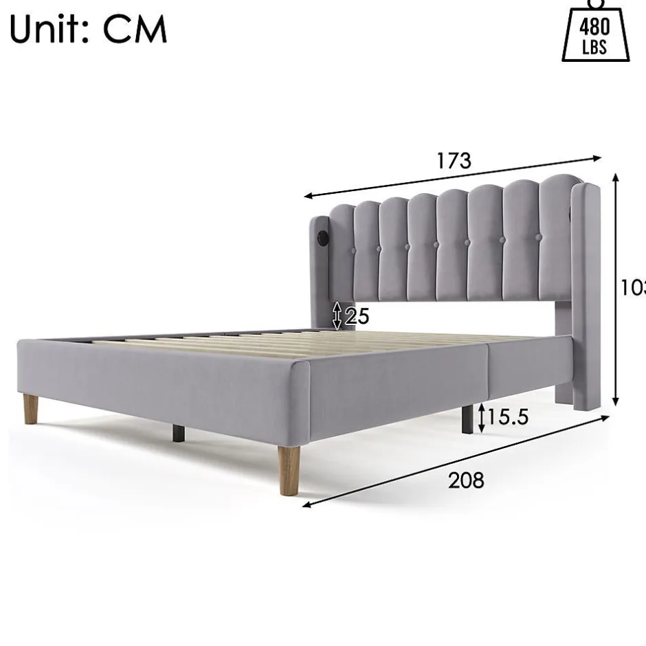 Blackcolors Lit Double 160x200cm USB C Rangement Gris Lin