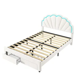 Generique Lit double 140x200,lit double capitonné,2 tiroirs en bout de lit,tête de lit pétale,LED réglable,velours,blanc Best