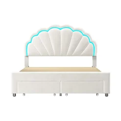 Generique Lit double 140x200,lit double capitonné,2 tiroirs en bout de lit,tête de lit pétale,LED réglable,velours,blanc Best