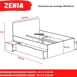 Weber Industries Lit double ZENIA 140x190 + 2 chevets + 2 tiroirs / Décor Chêne blanchi & noir