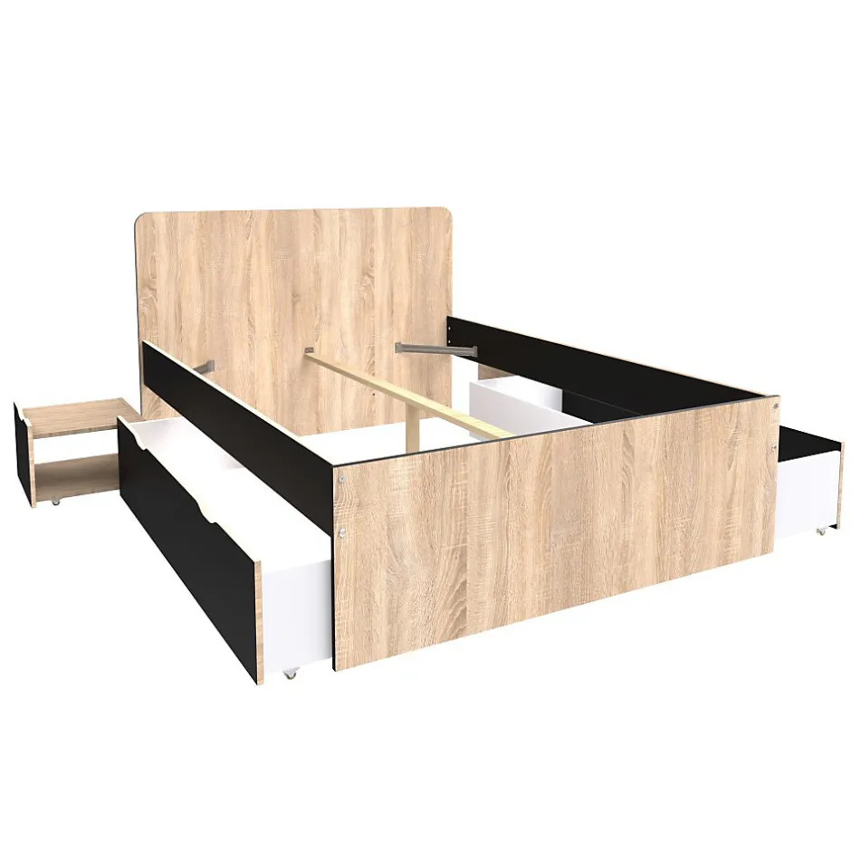 Weber Industries Lit double ZENIA 140x190 + 2 chevets + 2 tiroirs / Décor Chêne blanchi & noir