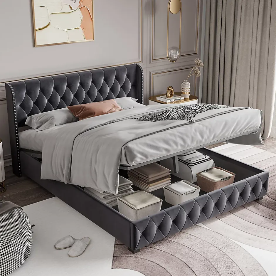 Fortuna lai Lit Double,Lit 160 x 200 avec Sommier,Cadre de Lit avec Sommier à Lattes et Tête de Lit,Rembourrage à Boutons,sans Matelas,Gris Outlet