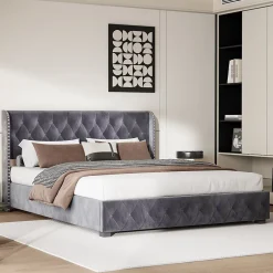 Fortuna lai Lit Double,Lit 160 x 200 avec Sommier,Cadre de Lit avec Sommier à Lattes et Tête de Lit,Rembourrage à Boutons,sans Matelas,Gris Outlet