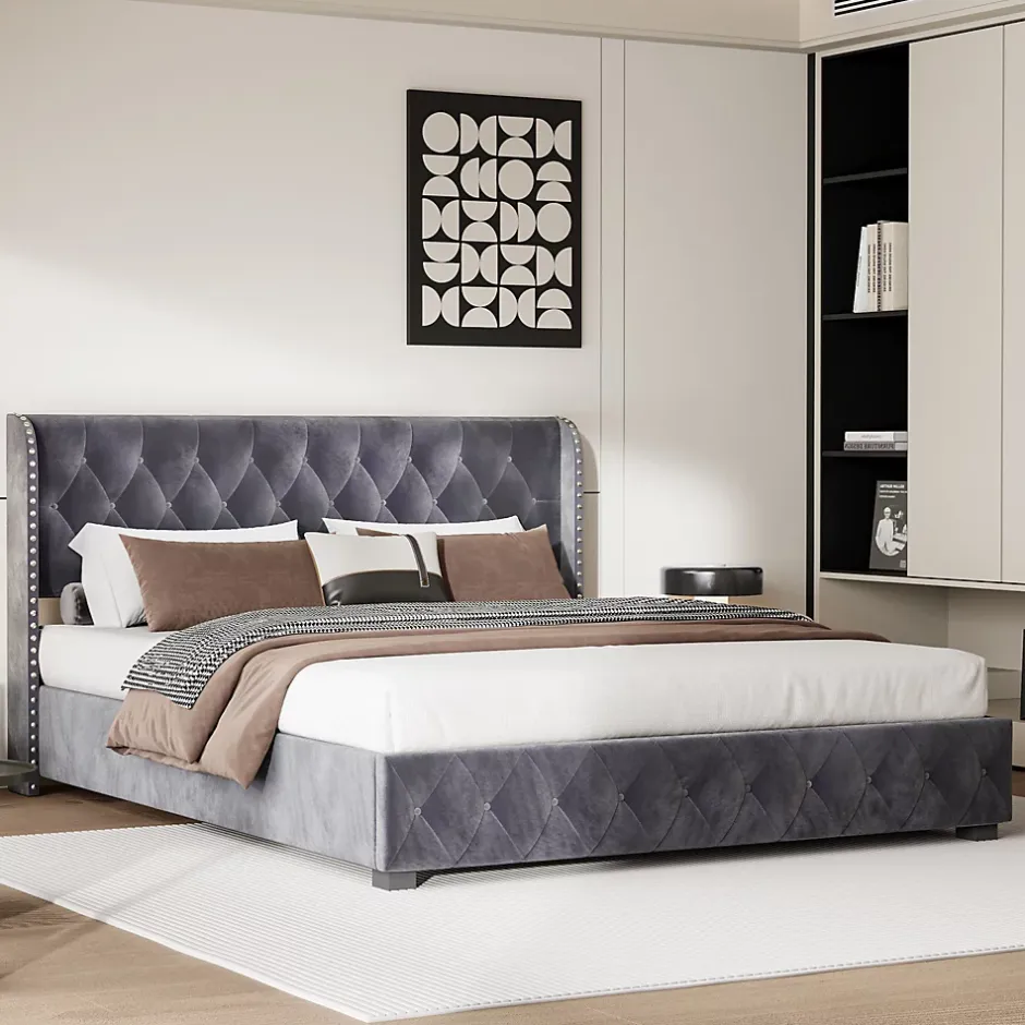 Fortuna lai Lit Double,Lit 160 x 200 avec Sommier,Cadre de Lit avec Sommier à Lattes et Tête de Lit,Rembourrage à Boutons,sans Matelas,Gris Outlet