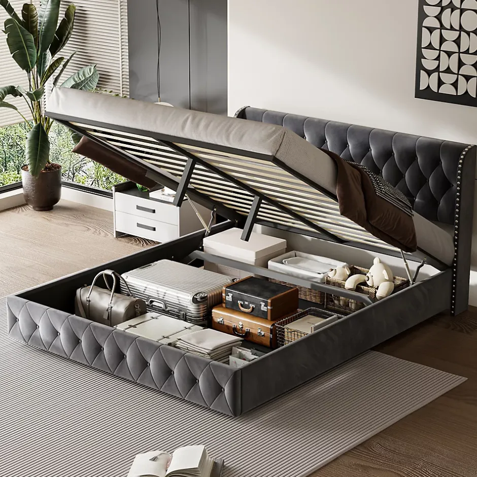 Fortuna lai Lit Double,Lit 160 x 200 avec Sommier,Cadre de Lit avec Sommier à Lattes et Tête de Lit,Rembourrage à Boutons,sans Matelas,Gris Outlet
