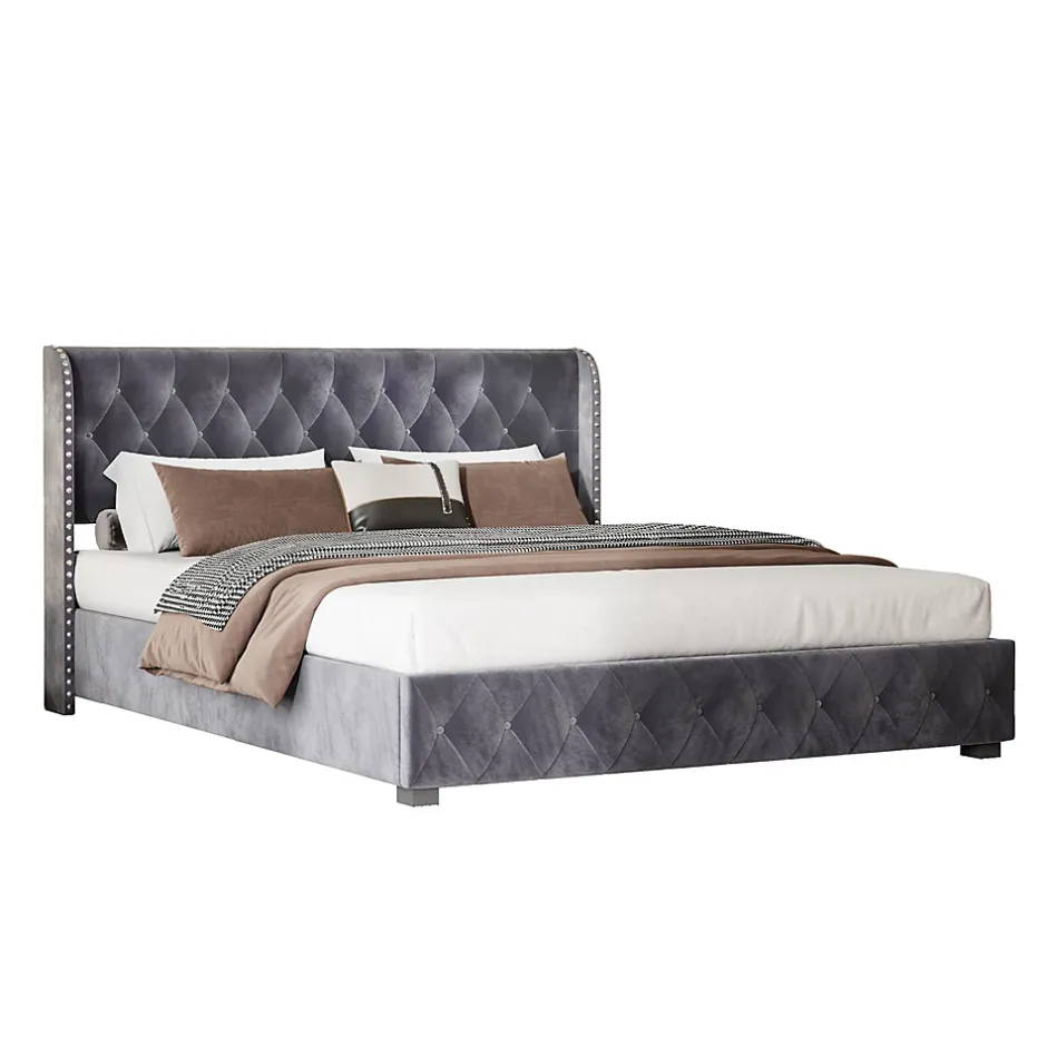 Fortuna lai Lit Double,Lit 160 x 200 avec Sommier,Cadre de Lit avec Sommier à Lattes et Tête de Lit,Rembourrage à Boutons,sans Matelas,Gris Outlet