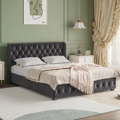 Fortuna lai Lit Double,Lit 160 x 200 avec Sommier,Cadre de Lit avec Sommier à Lattes et Tête de Lit,Rembourrage à Boutons,sans Matelas,Gris Outlet