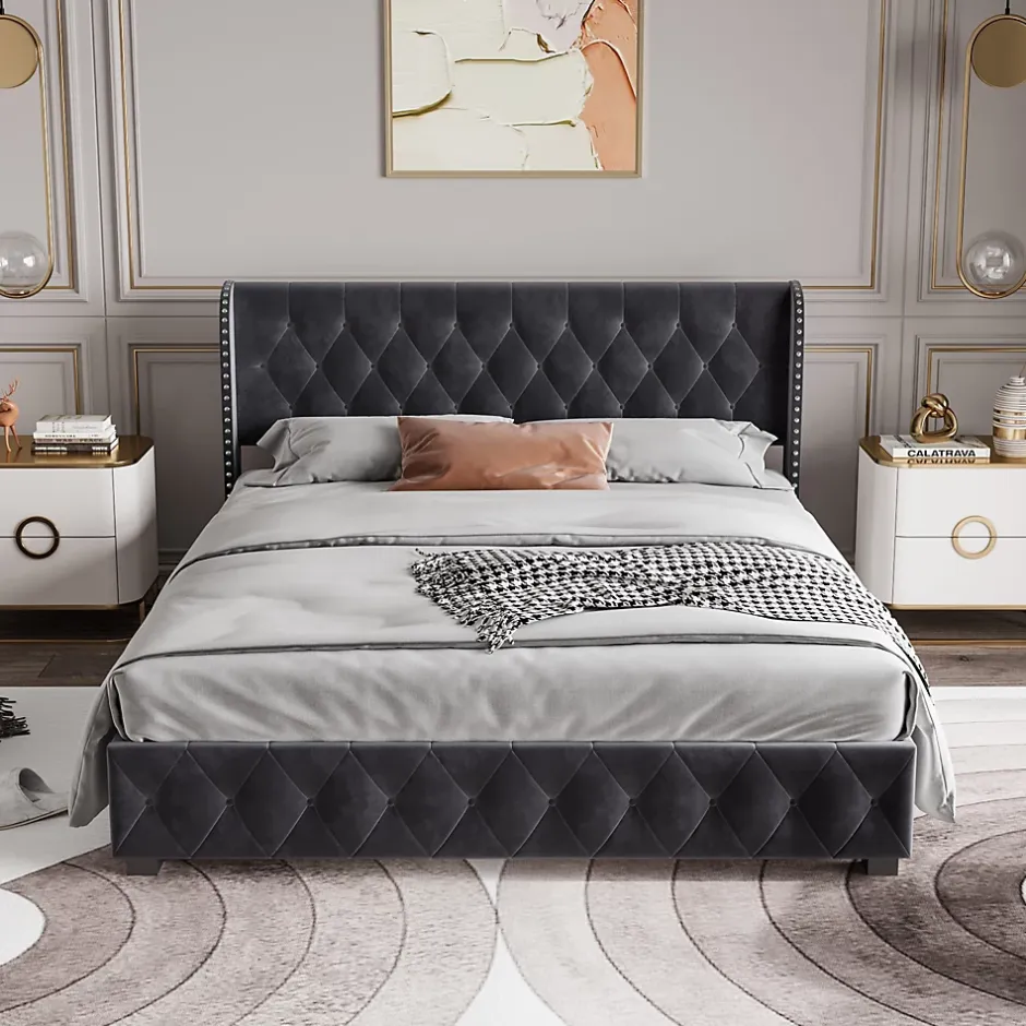 Fortuna lai Lit Double,Lit 160 x 200 avec Sommier,Cadre de Lit avec Sommier à Lattes et Tête de Lit,Rembourrage à Boutons,sans Matelas,Gris Outlet
