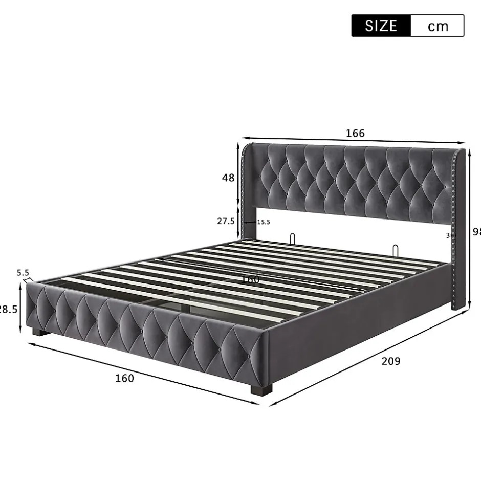 Fortuna lai Lit Double,Lit 160 x 200 avec Sommier,Cadre de Lit avec Sommier à Lattes et Tête de Lit,Rembourrage à Boutons,sans Matelas,Gris Outlet