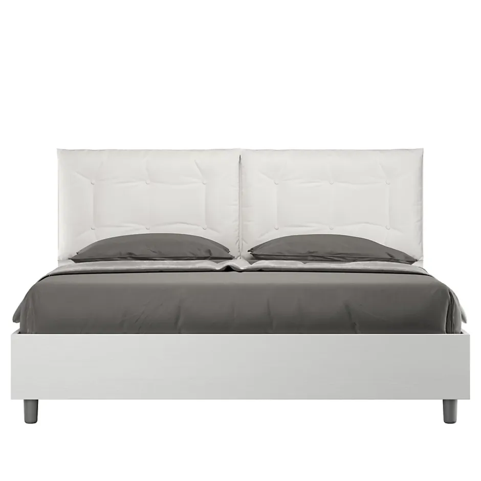 Ityhome Lit Egos Annalisa avec sommier 160x200 et coussins simili cuir blanc Sale