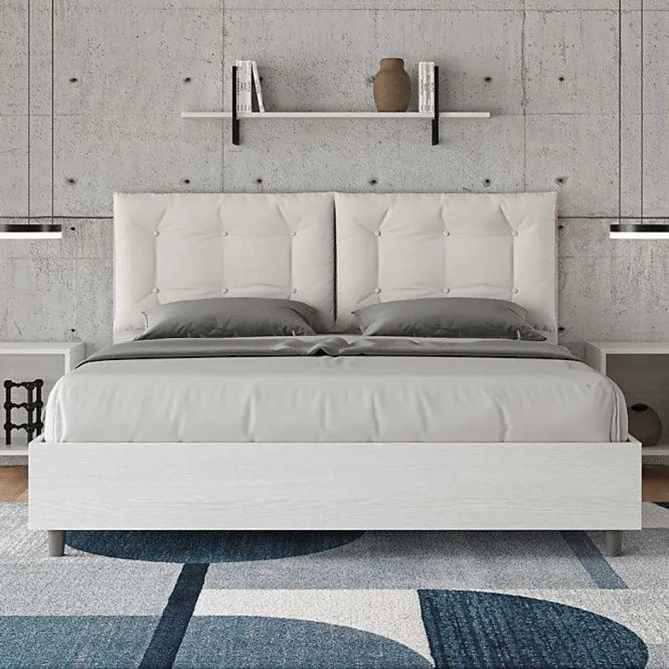 Ityhome Lit Egos Annalisa avec sommier 160x200 et coussins simili cuir blanc Sale