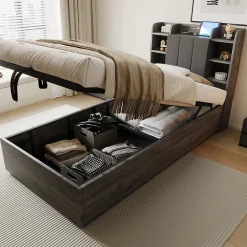 Redom Lit en bois 90 par 200 cm lit hydraulique tête avec rangement ports USB et Type C lit simple couleur gris sans matelas