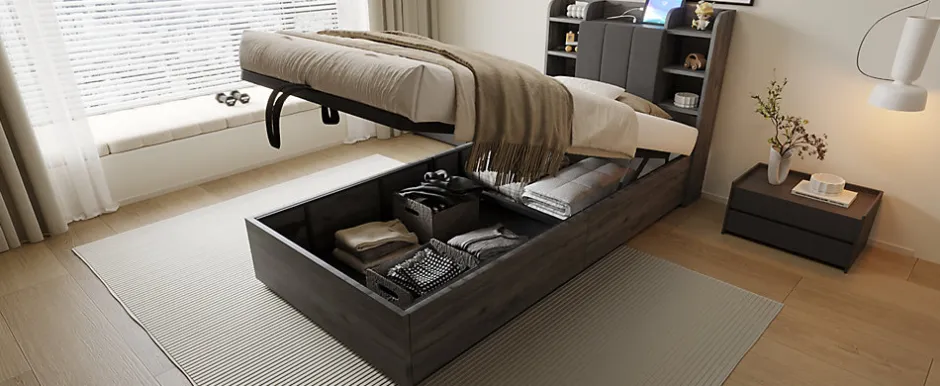 Redom Lit en bois 90 par 200 cm lit hydraulique tête avec rangement ports USB et Type C lit simple couleur gris sans matelas