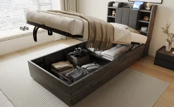 Redom Lit en bois 90 par 200 cm lit hydraulique tête avec rangement ports USB et Type C lit simple couleur gris sans matelas