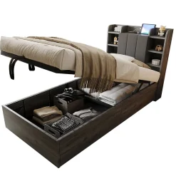 Redom Lit en bois 90 par 200 cm lit hydraulique tête avec rangement ports USB et Type C lit simple couleur gris sans matelas