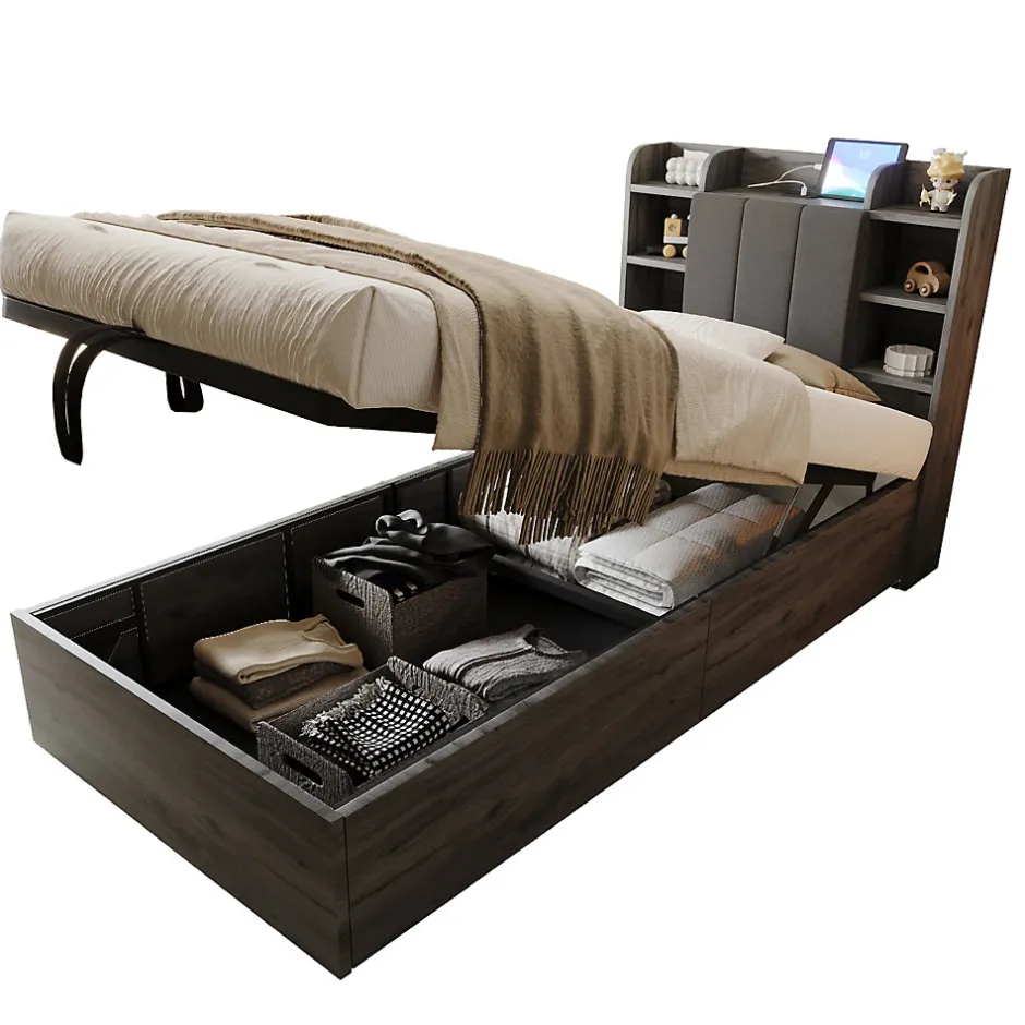 Redom Lit en bois 90 par 200 cm lit hydraulique tête avec rangement ports USB et Type C lit simple couleur gris sans matelas
