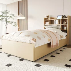 Redom Lit en bois 90 par 200 cm lit hydraulique tête avec rangement ports USB et type C lit simple couleur bois sans matelas Clearance