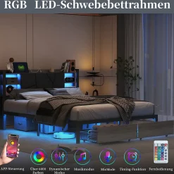 Simple Life Lit en bois de fer 140x200 tête de lit lit avec lampe avec bout de lit double tiroirs chargeur