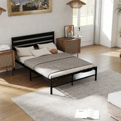 Okwish Lit en Métal Noir 140x200 cm - Lit Robuste et Moderne pour Chambre Ado - Sans Matelas - Cadre Métal