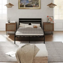 Okwish Lit en Métal Noir 140x200 cm - Lit Robuste et Moderne pour Chambre Ado - Sans Matelas - Cadre Métal