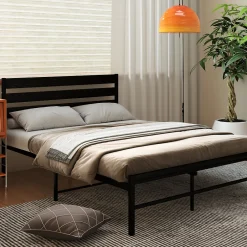 Okwish Lit en Métal Noir 140x200 cm - Lit Robuste et Moderne pour Chambre Ado - Sans Matelas - Cadre Métal