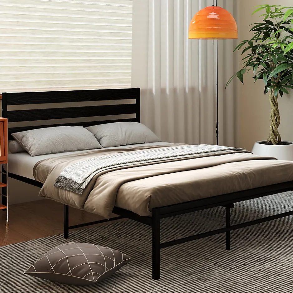 Okwish Lit en Métal Noir 140x200 cm - Lit Robuste et Moderne pour Chambre Ado - Sans Matelas - Cadre Métal