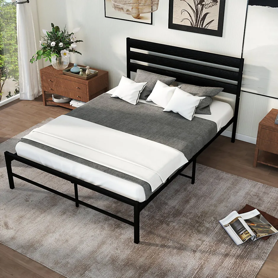 Okwish Lit en Métal Noir 140x200 cm - Lit Robuste et Moderne pour Chambre Ado - Sans Matelas - Cadre Métal