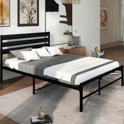 Okwish Lit en Métal Noir 140x200 cm - Lit Robuste et Moderne pour Chambre Ado - Sans Matelas - Cadre Métal
