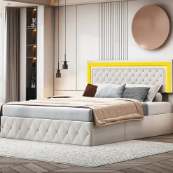 Simple Life Lit en velours 140x200 cm avec rangements - Avec LED et sommier à lattes - Lit double avec rangements - Beige