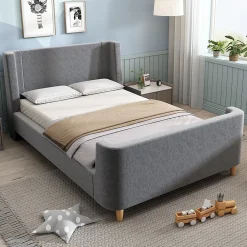 Generique Lit Enfant - Lit Simple avec Design Traîneau et Revêtement Velours Motif Espace - Structure Métal et Bois Gris - 90 x 200 cm Clearance