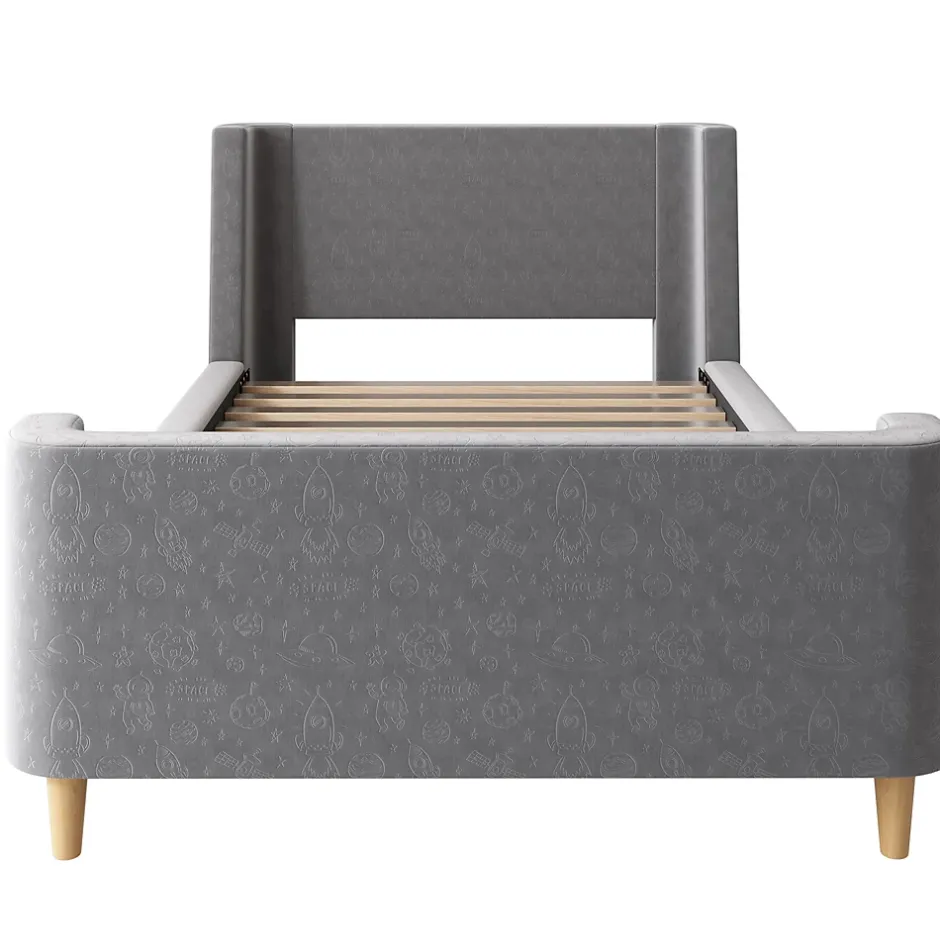 Generique Lit Enfant - Lit Simple avec Design Traîneau et Revêtement Velours Motif Espace - Structure Métal et Bois Gris - 90 x 200 cm Clearance