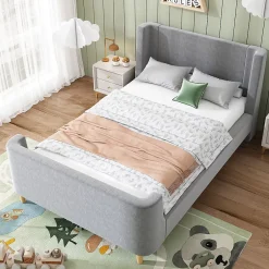 Generique Lit Enfant - Lit Simple avec Design Traîneau et Revêtement Velours Motif Espace - Structure Métal et Bois Gris - 90 x 200 cm Clearance