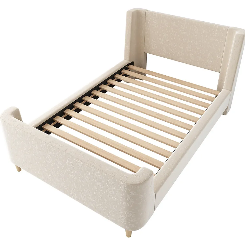 Generique Lit Enfant - Lit Simple avec Design Traîneau et Revêtement Velours Motif Espace - Structure Métal et Bois Beige - 90 x 200 cm