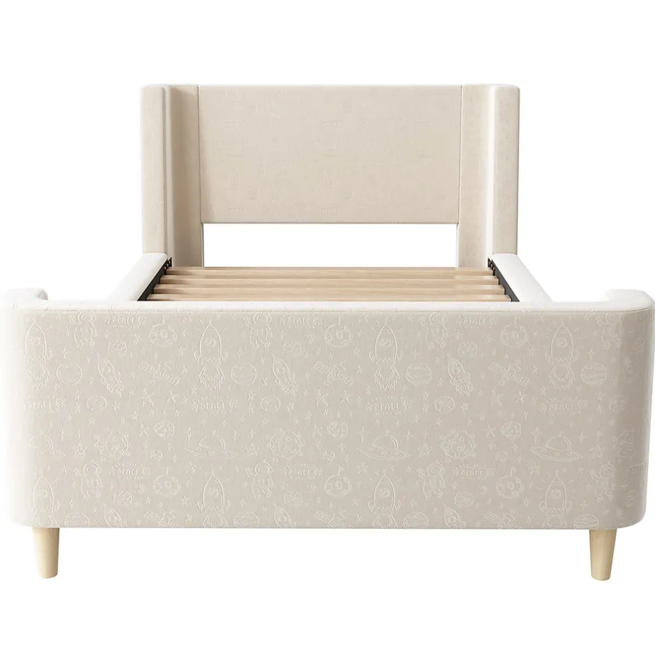 Generique Lit Enfant - Lit Simple avec Design Traîneau et Revêtement Velours Motif Espace - Structure Métal et Bois Beige - 90 x 200 cm