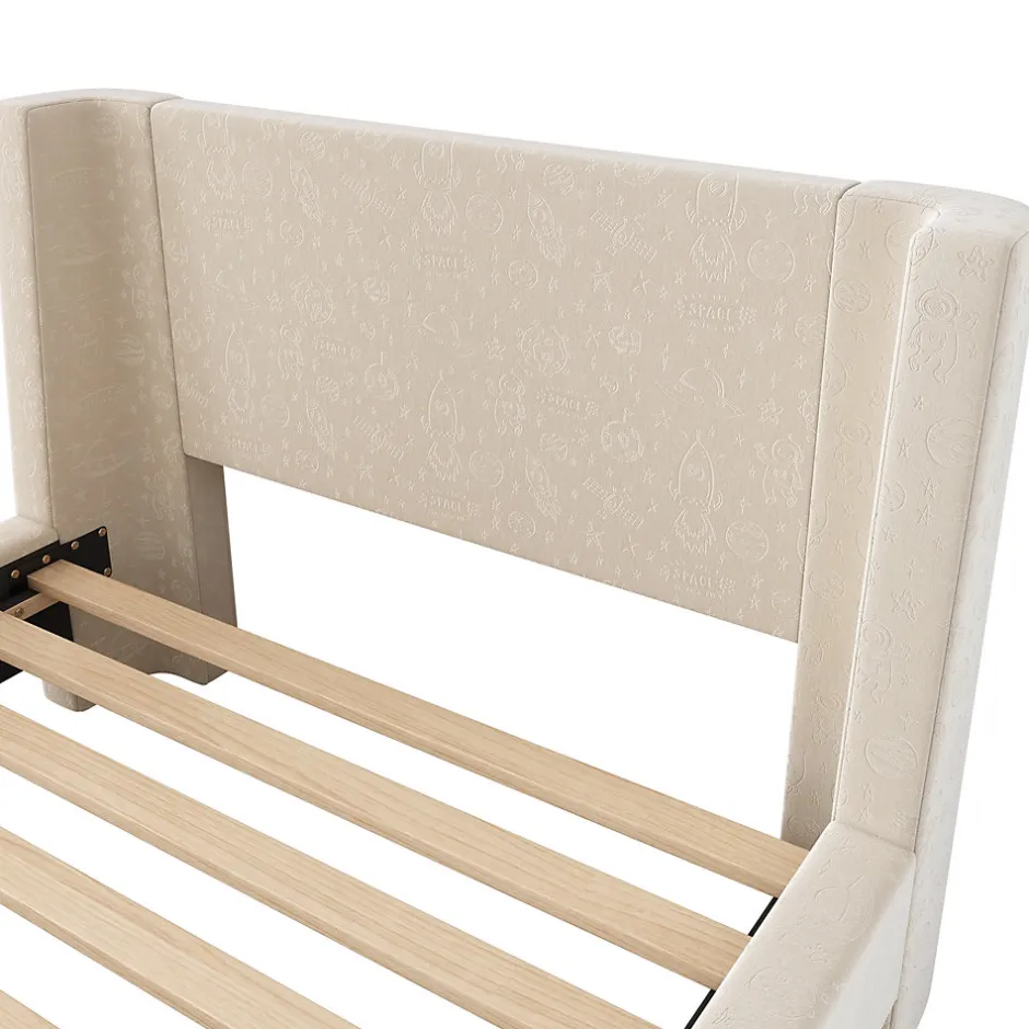 Generique Lit Enfant - Lit Simple avec Design Traîneau et Revêtement Velours Motif Espace - Structure Métal et Bois Beige - 90 x 200 cm