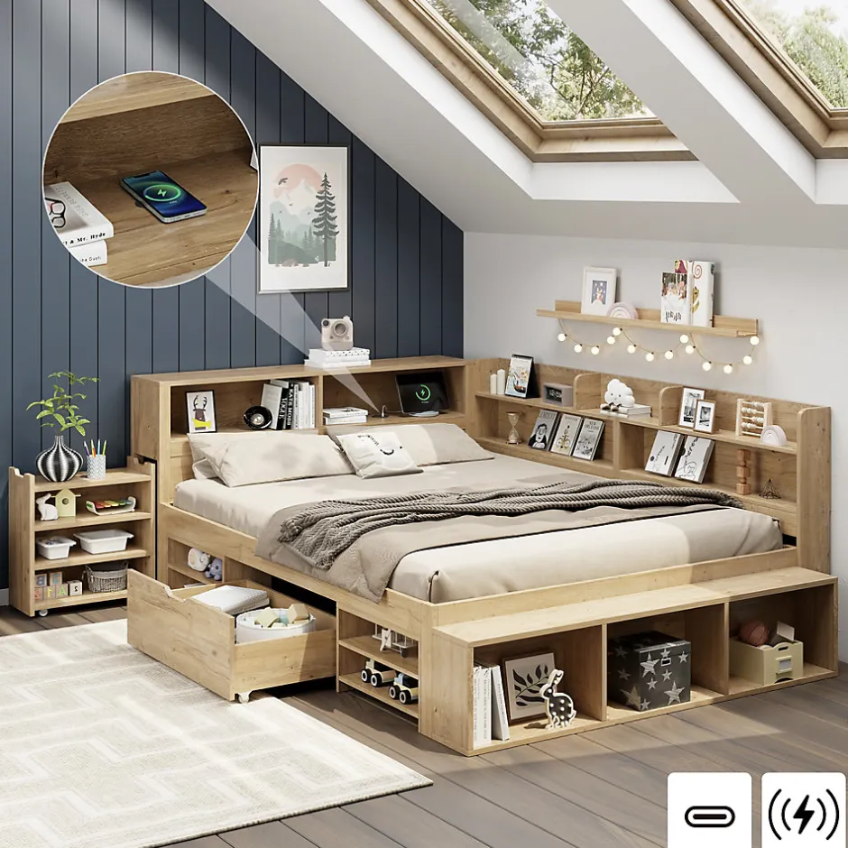 ModernLuxe Lit enfant 140 x 200 cm - avec 1 tiroir - avec bibliothèque et rangement - sommier à lattes - naturel (matelas non inclus)