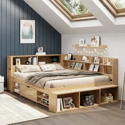 ModernLuxe Lit enfant 140 x 200 cm - avec 1 tiroir - avec bibliothèque et rangement - sommier à lattes - naturel (matelas non inclus)