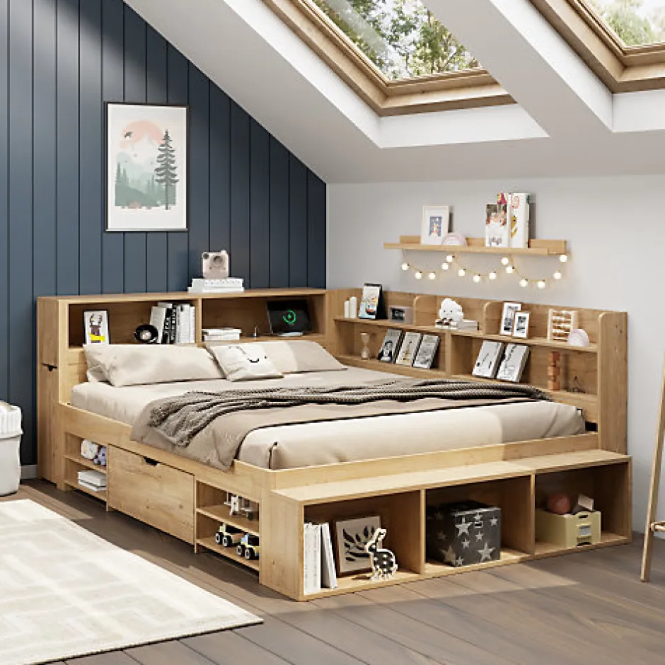 ModernLuxe Lit enfant 140 x 200 cm - avec 1 tiroir - avec bibliothèque et rangement - sommier à lattes - naturel (matelas non inclus)