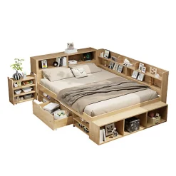 ModernLuxe Lit enfant 140 x 200 cm - avec 1 tiroir - avec bibliothèque et rangement - sommier à lattes - naturel (matelas non inclus)