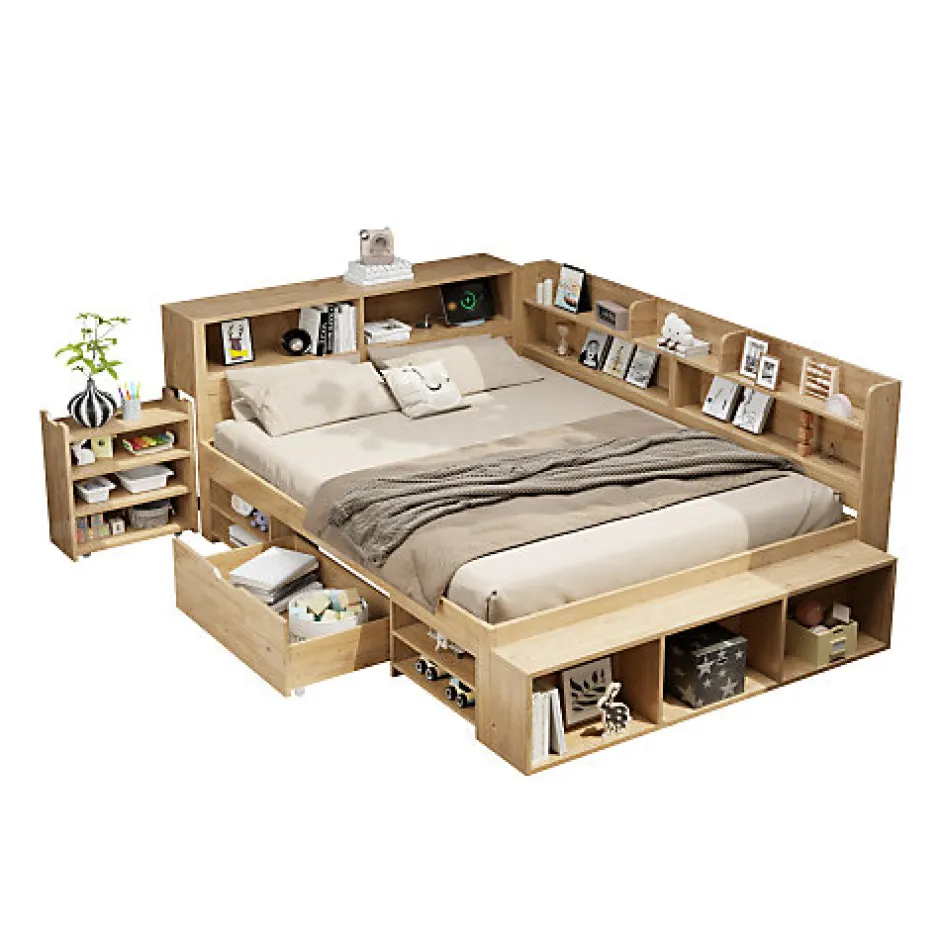 ModernLuxe Lit enfant 140 x 200 cm - avec 1 tiroir - avec bibliothèque et rangement - sommier à lattes - naturel (matelas non inclus)