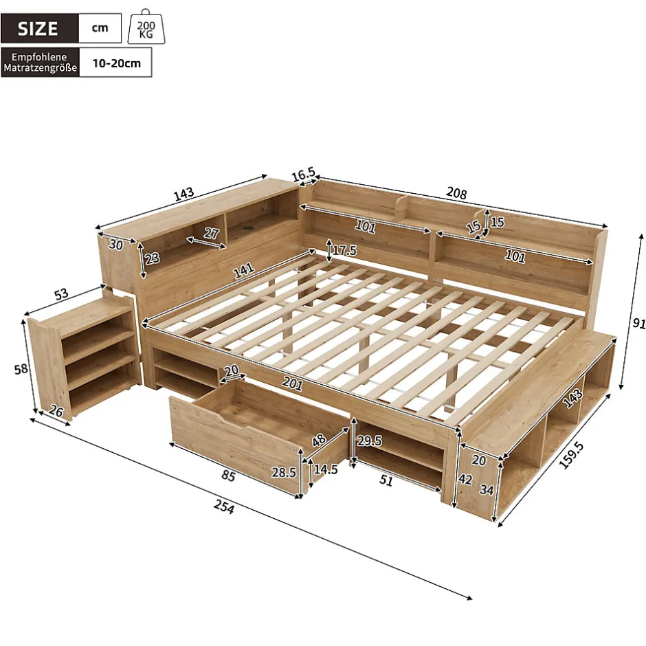 ModernLuxe Lit enfant 140 x 200 cm - avec 1 tiroir - avec bibliothèque et rangement - sommier à lattes - naturel (matelas non inclus)