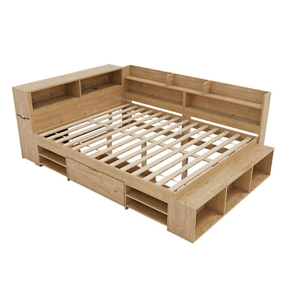 ModernLuxe Lit enfant 140 x 200 cm - avec 1 tiroir - avec bibliothèque et rangement - sommier à lattes - naturel (matelas non inclus)