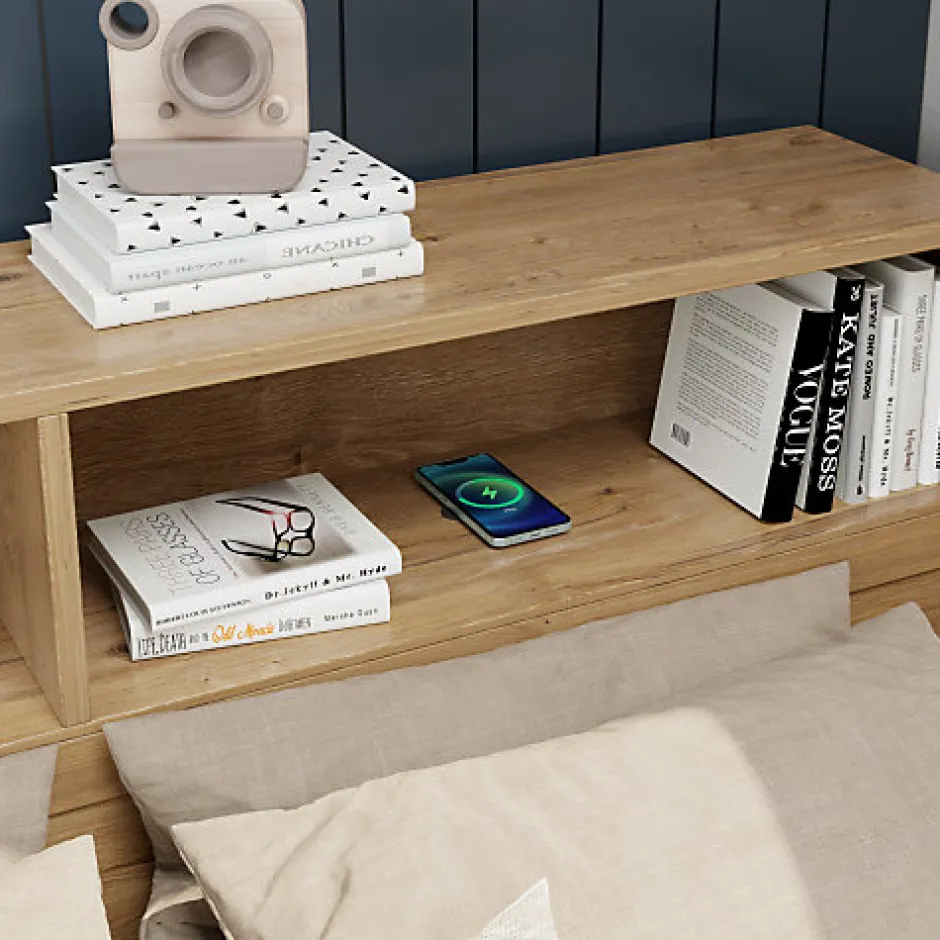 ModernLuxe Lit enfant 140 x 200 cm - avec 1 tiroir - avec bibliothèque et rangement - sommier à lattes - naturel (matelas non inclus)