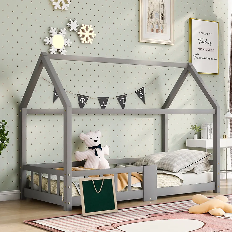 Enfant Okwish Lit enfant 90 x 200 cm - Lit Cabane avec Tablette et Tableau - Bois de Pin - Sans Matelas - Gris