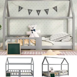 Enfant Okwish Lit enfant 90 x 200 cm - Lit Cabane avec Tablette et Tableau - Bois de Pin - Sans Matelas - Gris