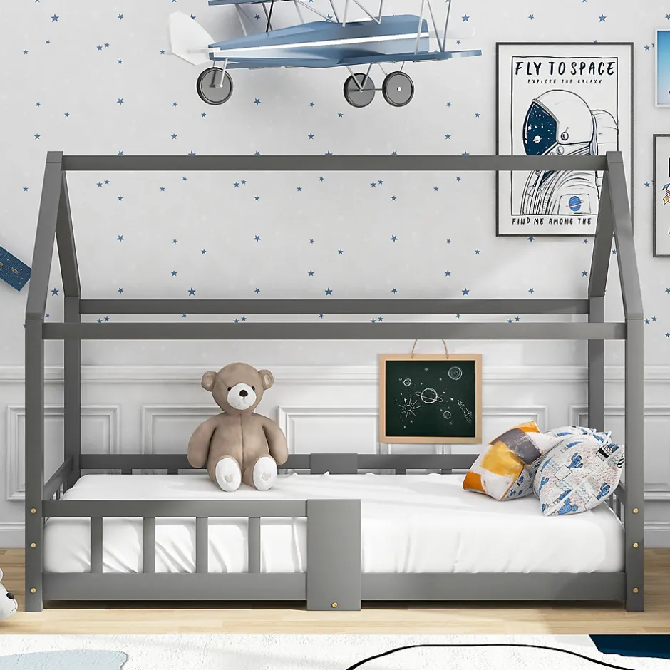 Enfant Okwish Lit enfant 90 x 200 cm - Lit Cabane avec Tablette et Tableau - Bois de Pin - Sans Matelas - Gris