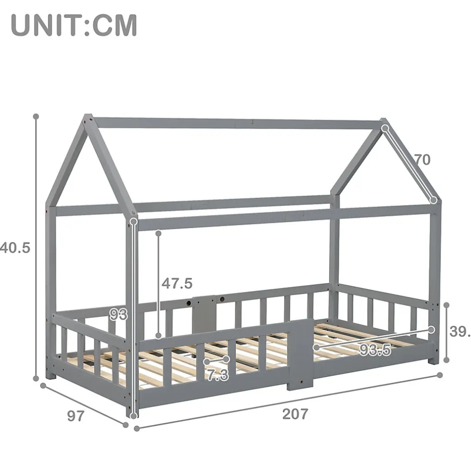 Enfant Okwish Lit enfant 90 x 200 cm - Lit Cabane avec Tablette et Tableau - Bois de Pin - Sans Matelas - Gris